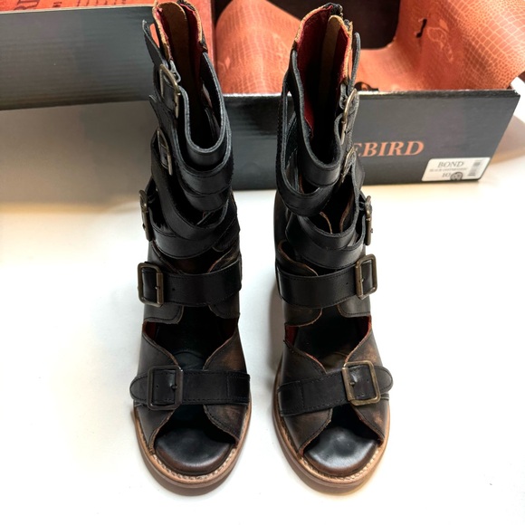 Freebird Bond Black Distressed Block Heel Sandals Multi Strap & Buckle Size 10 - Picture 9 of 16